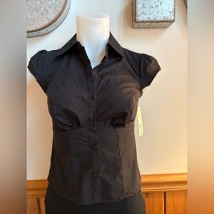 Women's Black Cap Sleeve Button-Down Shirt